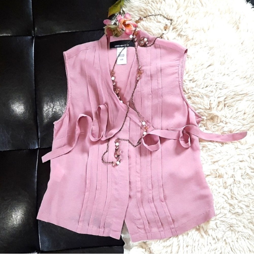 Pink Sleeveless 100% Silk Blouse with Ruffle Detail
